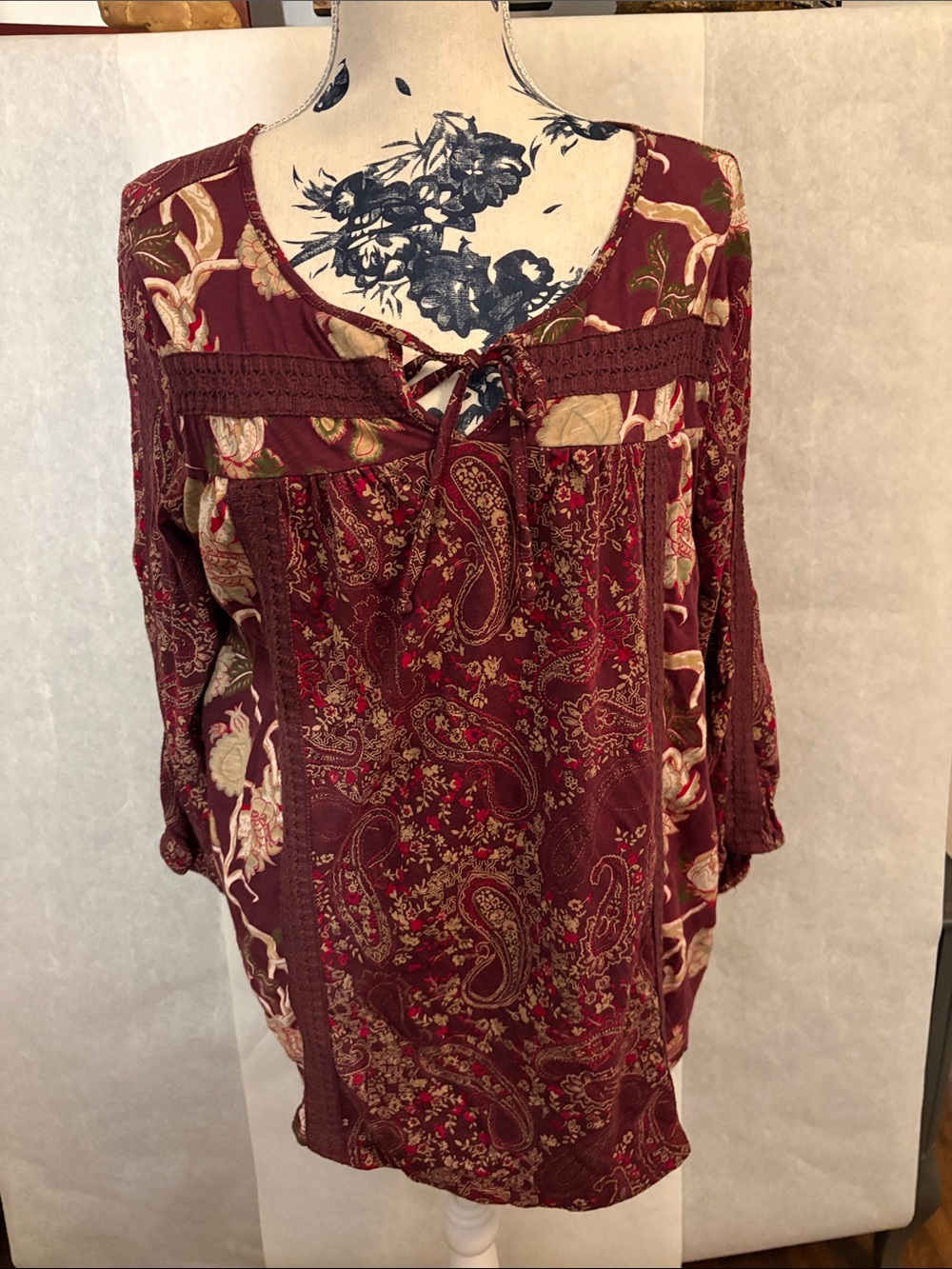 Lucky Brand Burgundy Paisley Lace-Up Tunic